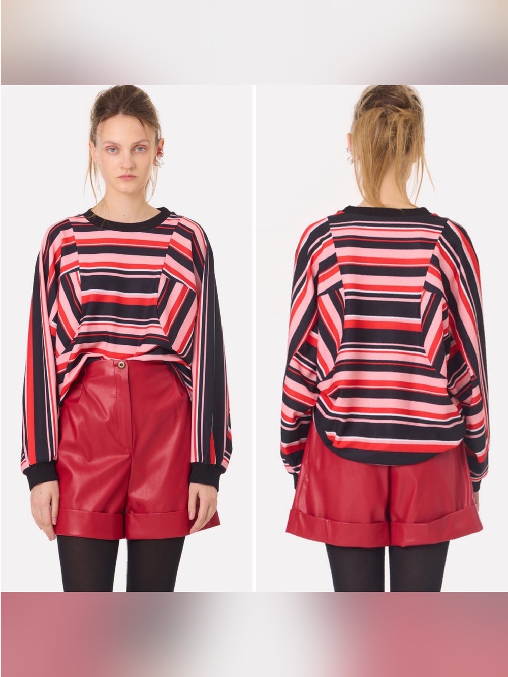 Julia Allert Striped Long-Sleeve Pullover Top in Pink and Black Striped Crewneck